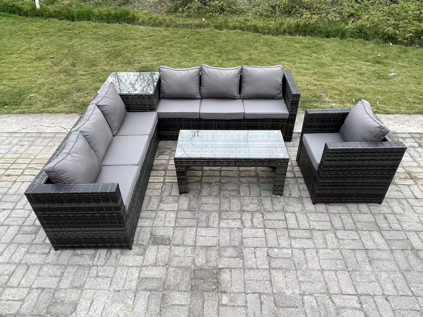 7 Seater Rattan Corner Sofa Set With Square Side Table And Oblong Rectangular Coffee Tea Table Arm C